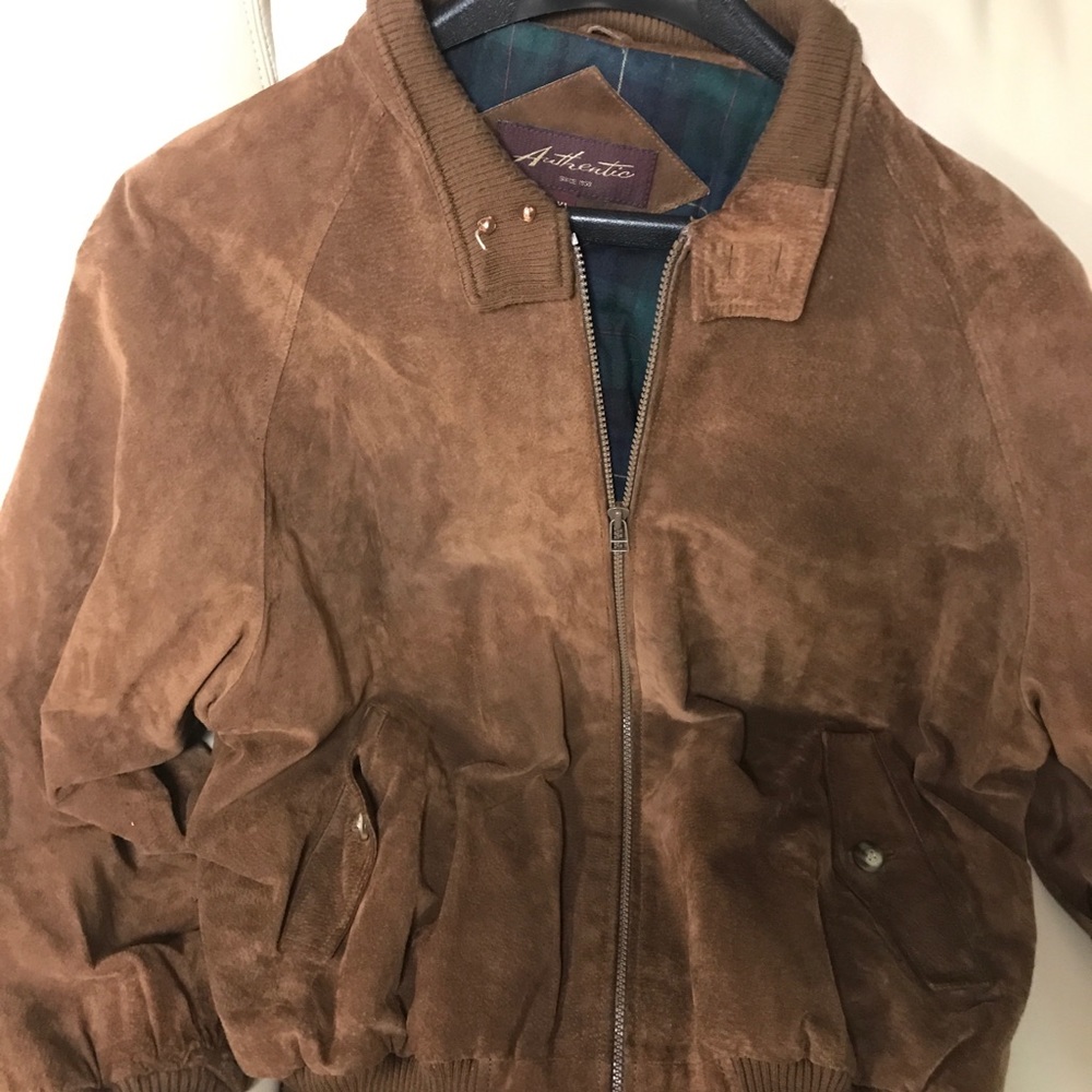 Men’s brown leather jacket, green plaid lining
